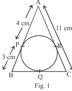 Triangle ABC circumscribing a circle with BP=3cm, AP=4cm, AR=11cm