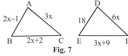 Two similar triangles ABC and DEF with sides marked