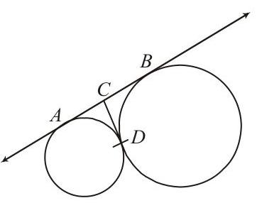 Two circles touching at D with common tangents