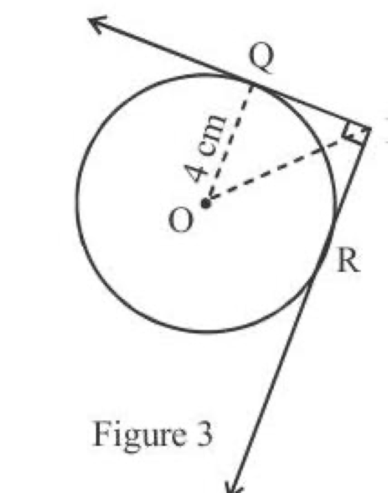 Two tangents PQ and PR from external point P to circle with centre O, radius 4 cm