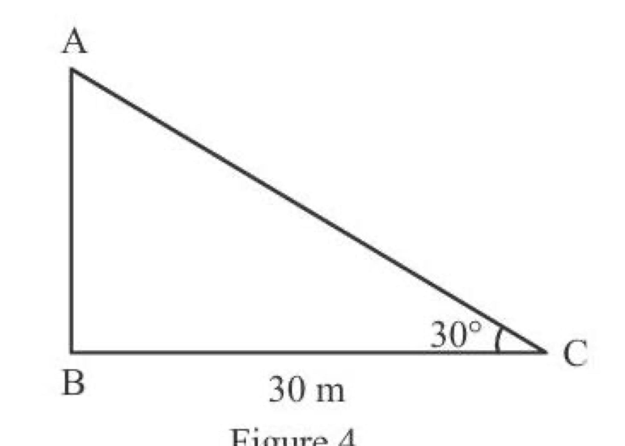 Tower with angle of elevation 30 degrees from point C, distance 30 m