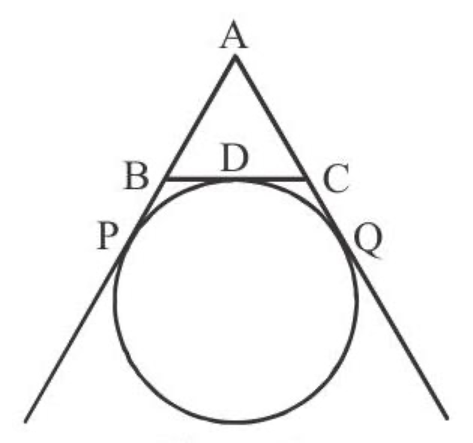 Triangle ABC with incircle, tangent points B, C on sides, P and Q on extensions