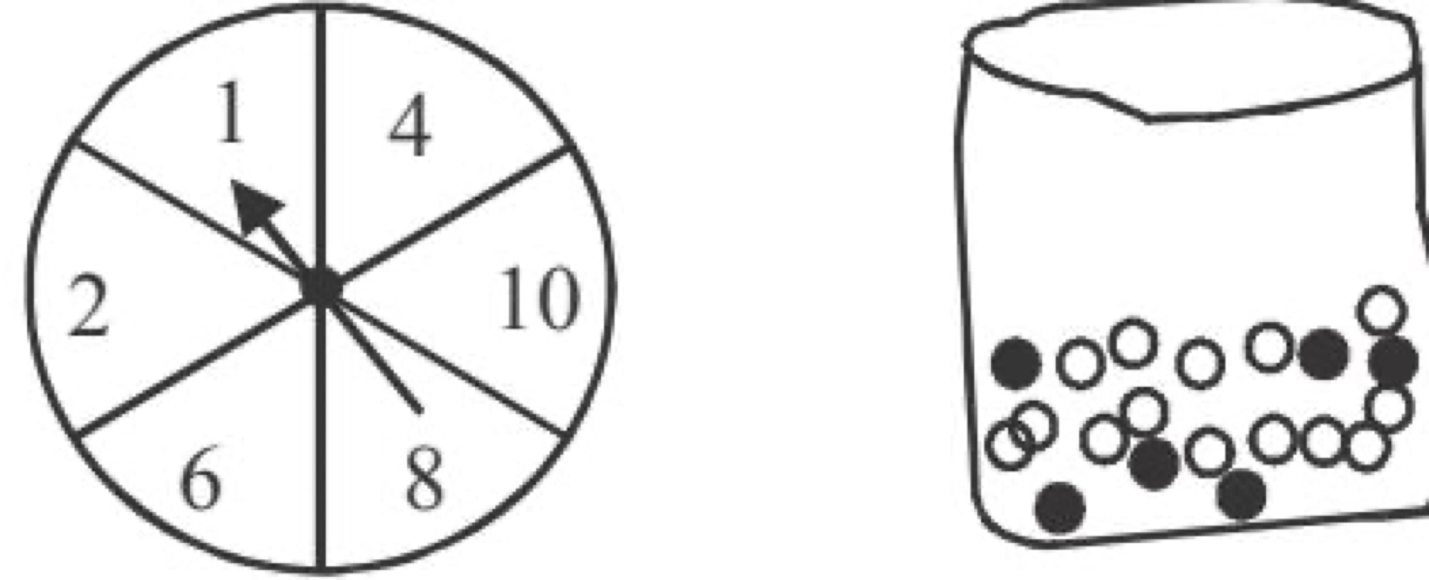 Spinner with numbers 1, 2, 4, 6, 8, 10 and a bag with black and white marbles