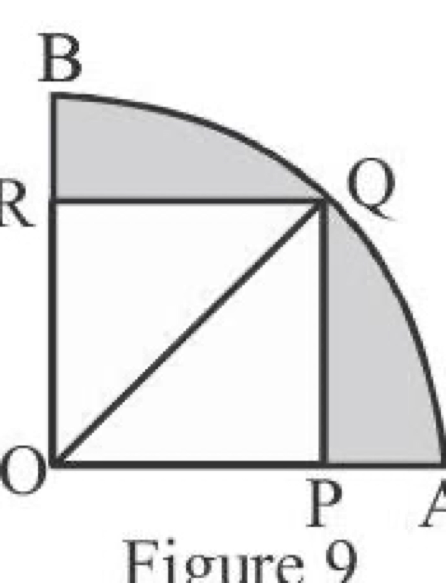 Square OPQR inscribed in quadrant OAQB with shaded region