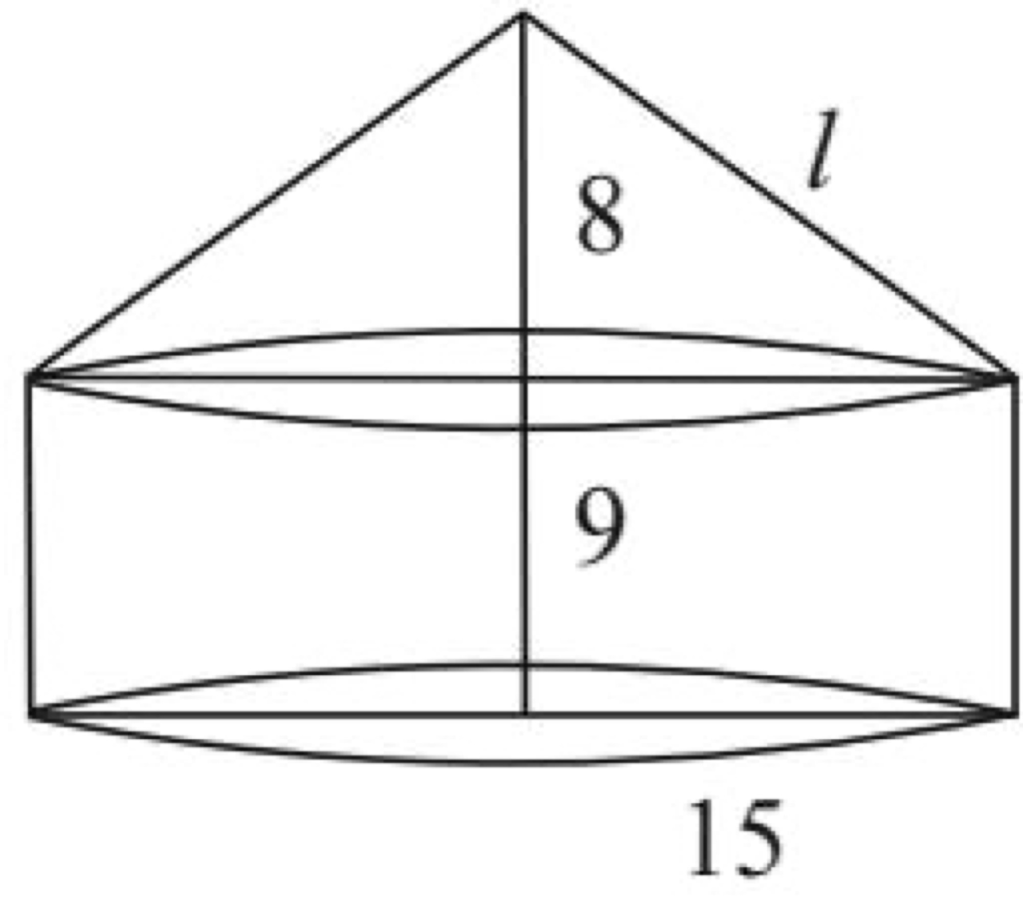 Cross-section diagram of tent: cylinder height 9m, cone height 8m, radius 15m, slant height l