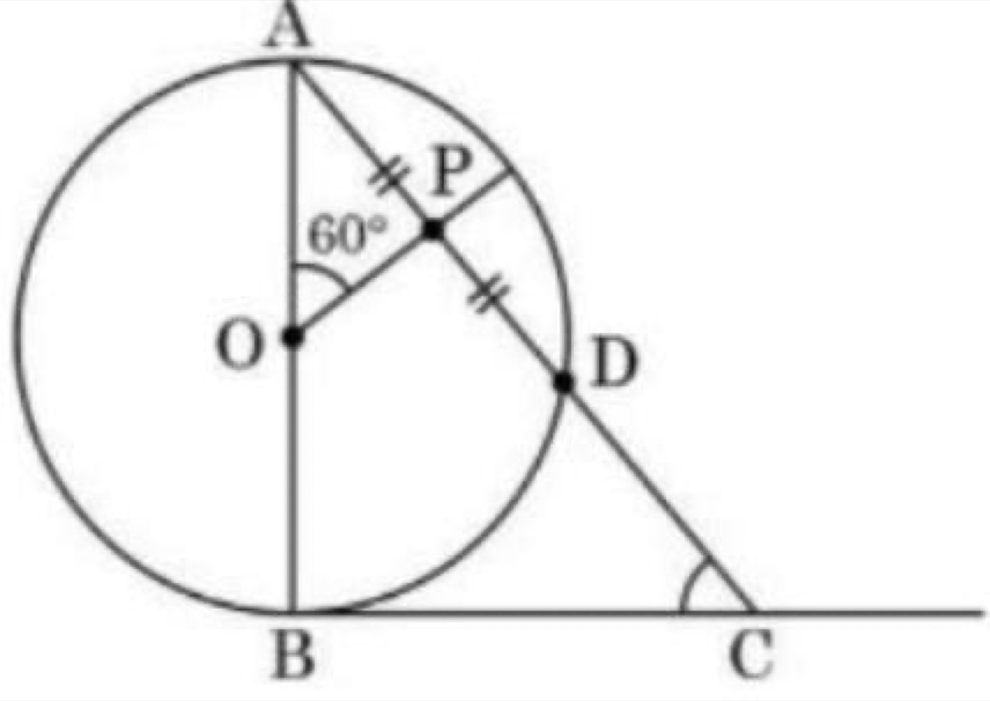 Circle with diameter AB, tangent BC at B, chord AD bisected by OP