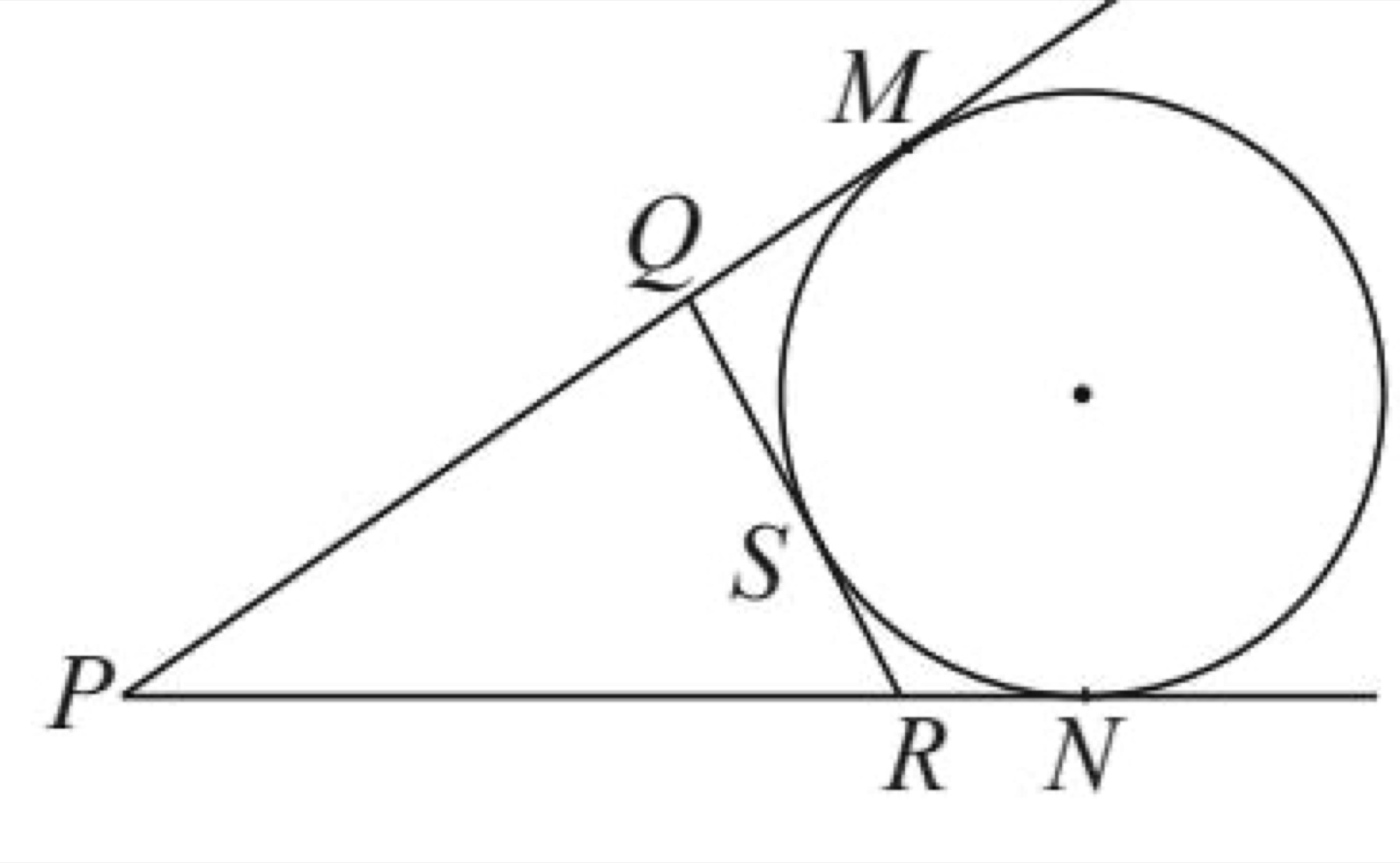 Circle touching side QR of triangle PQR at S, extended sides PQ and PR at M and N