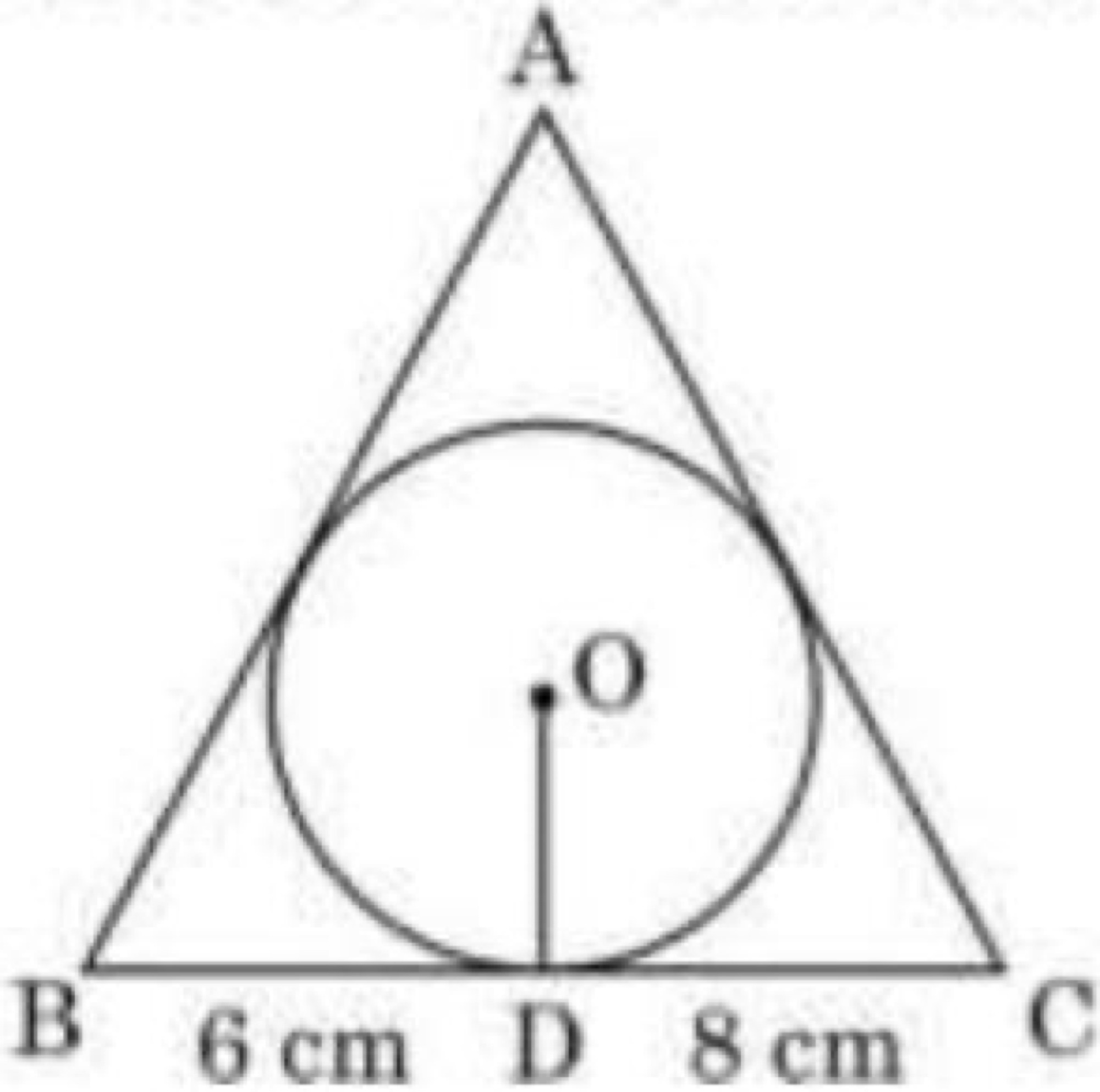 Triangle ABC with inscribed circle, point D on BC with BD = 6 cm and DC = 8 cm