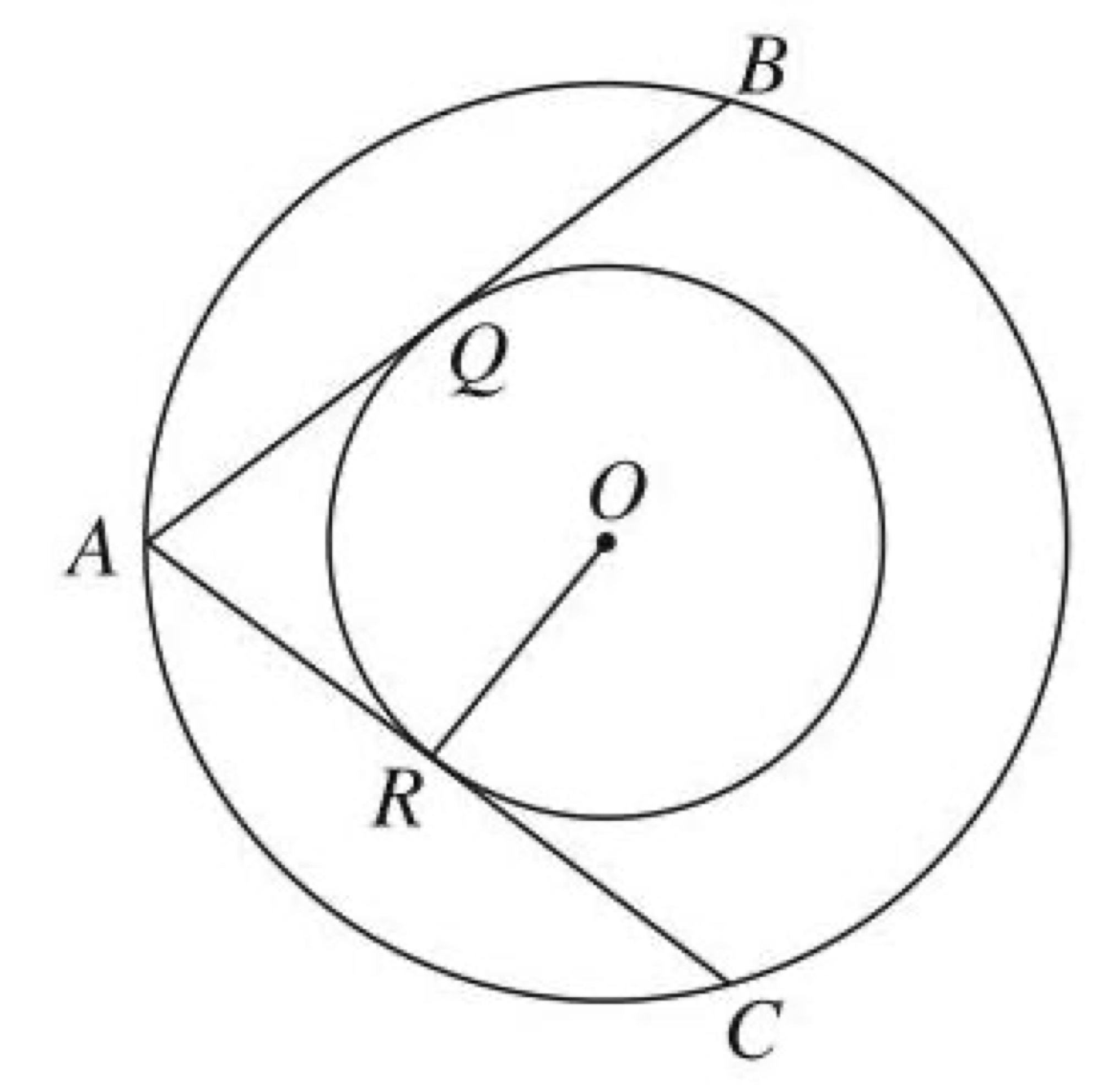 Two concentric circles with centre O, tangents ARC and AQB from point A