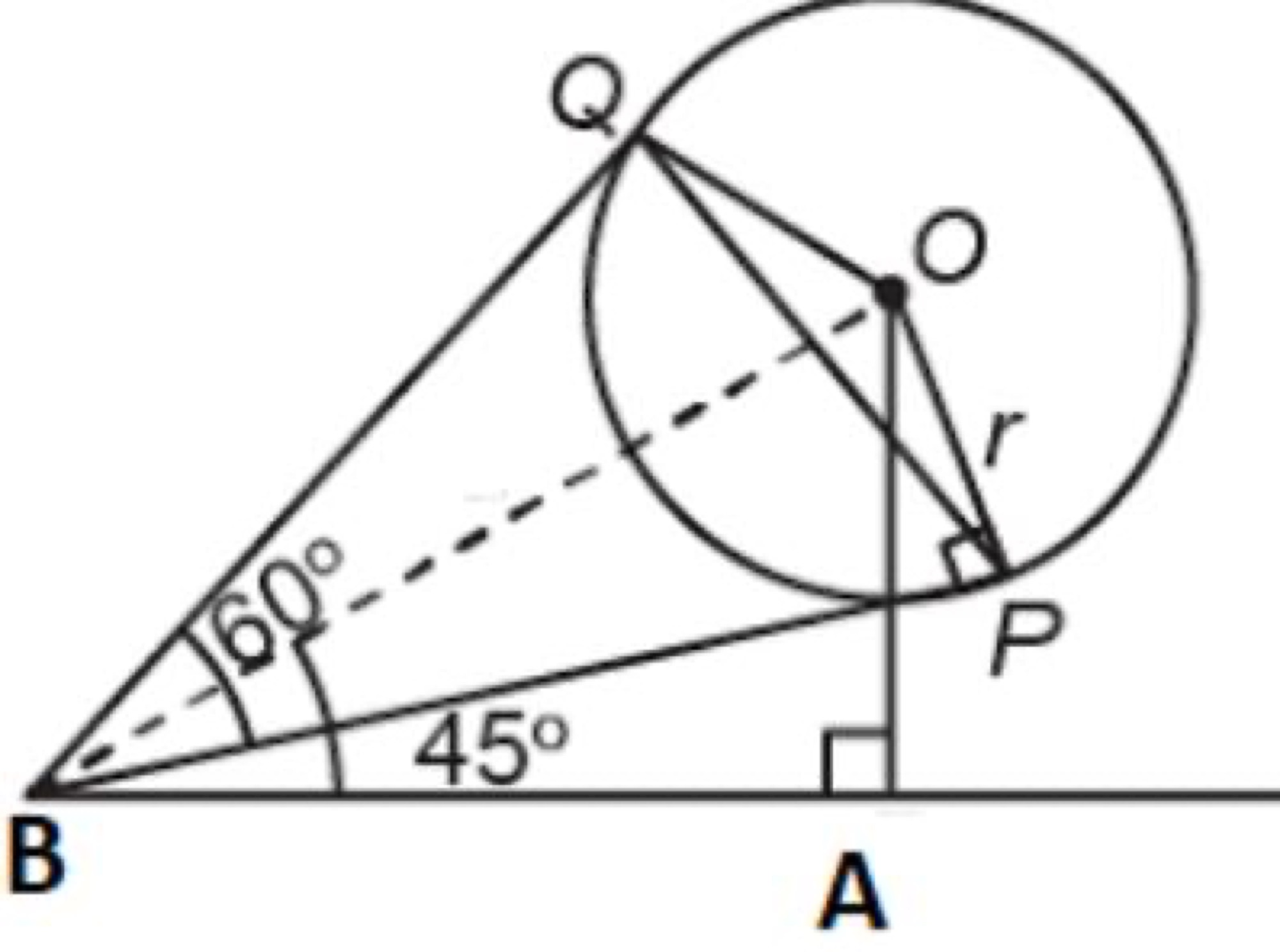Spherical balloon with observer point B, angles 60 and 45 degrees