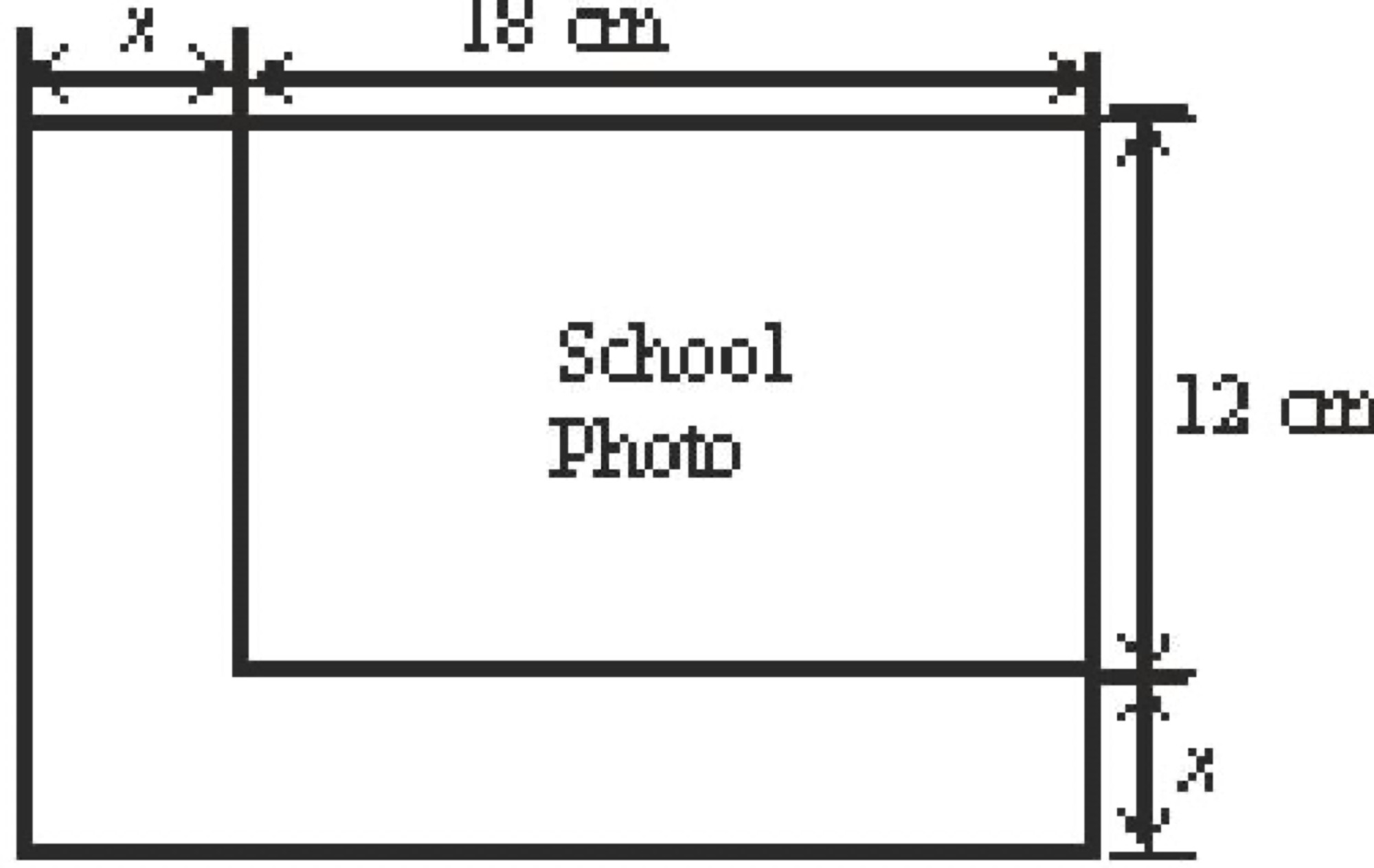 School photo with border of width x, 18 cm long and 12 cm wide