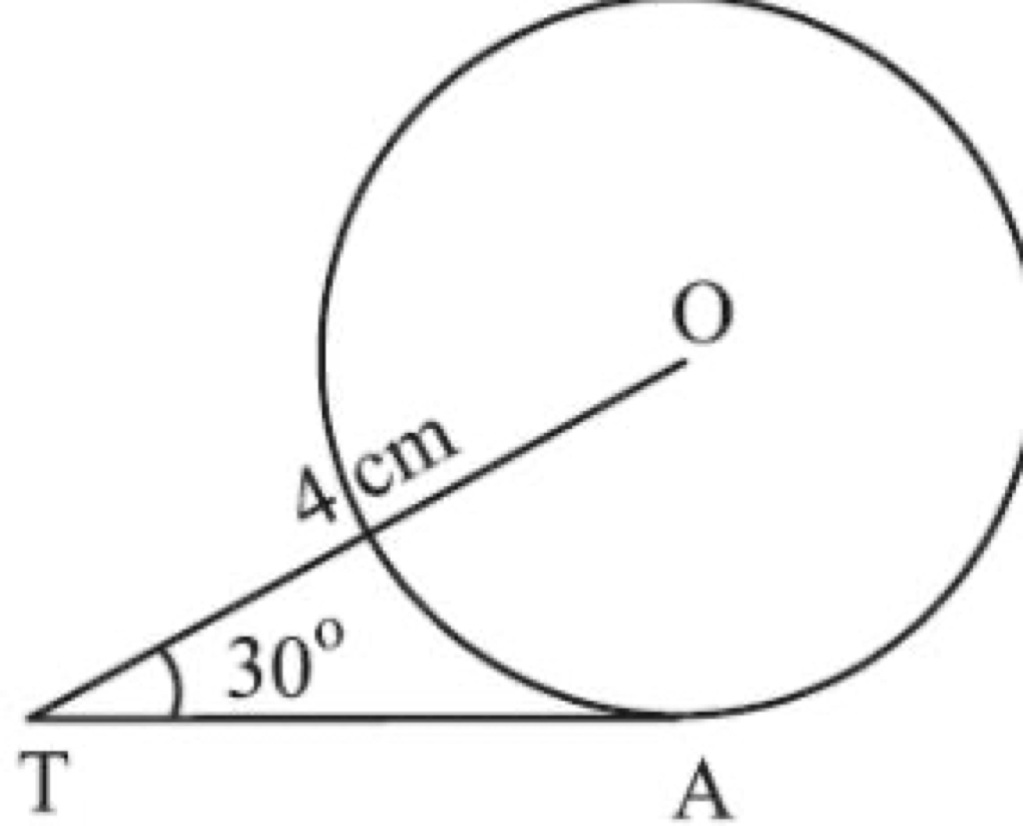 Circle with tangent TA, OT = 4 cm, angle 30 degrees