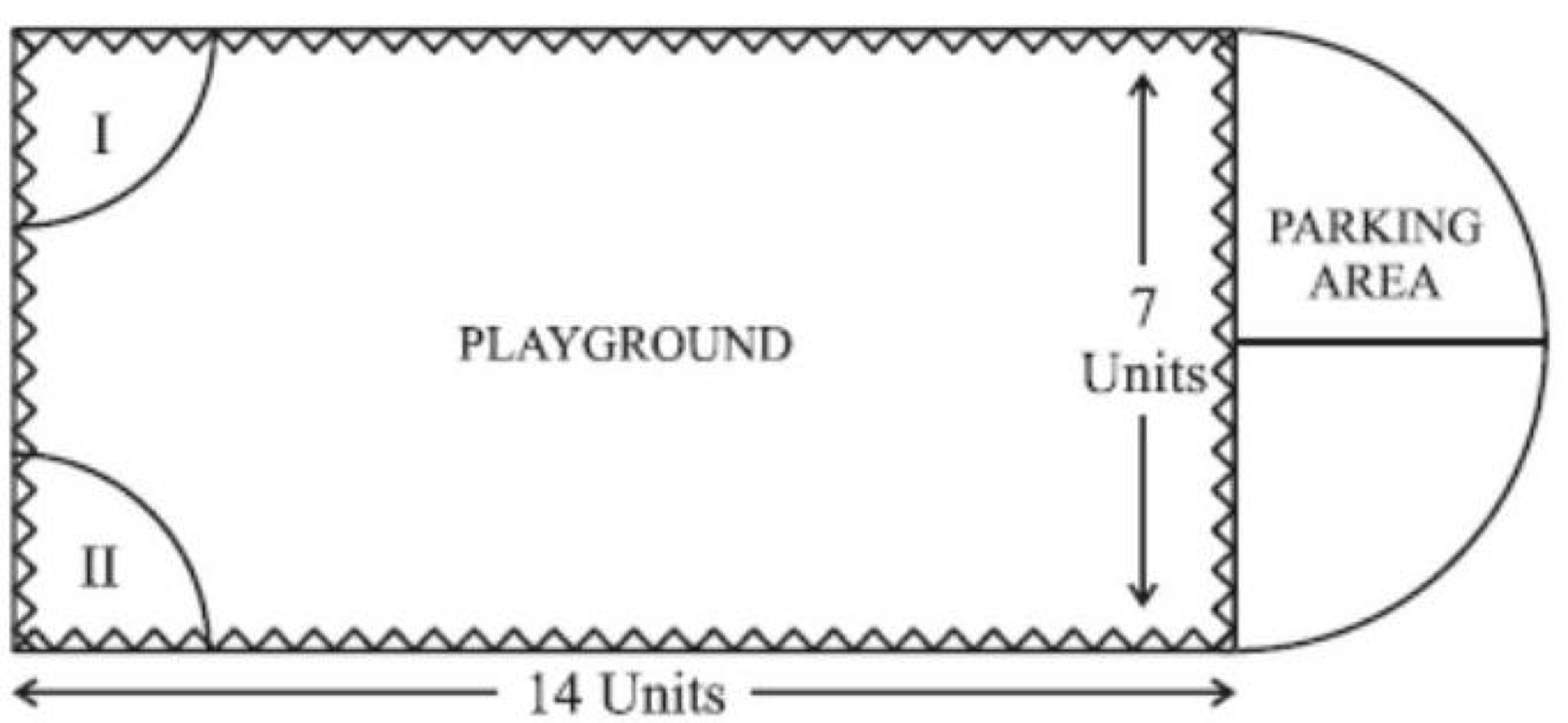 Rectangular playground with semi-circular parking area and two quadrants
