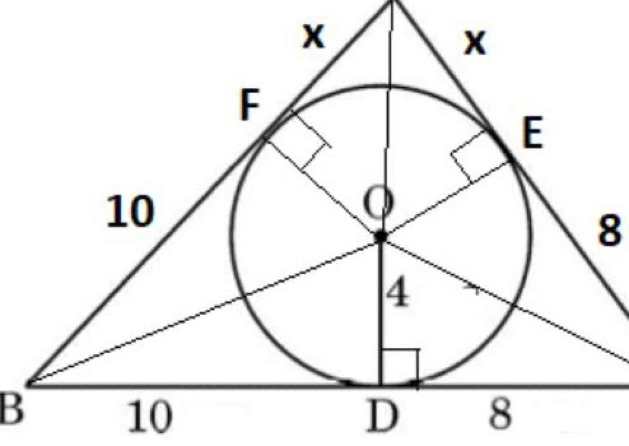 Triangle ABC with incircle, tangent points D, E, F and side lengths labeled with variable x