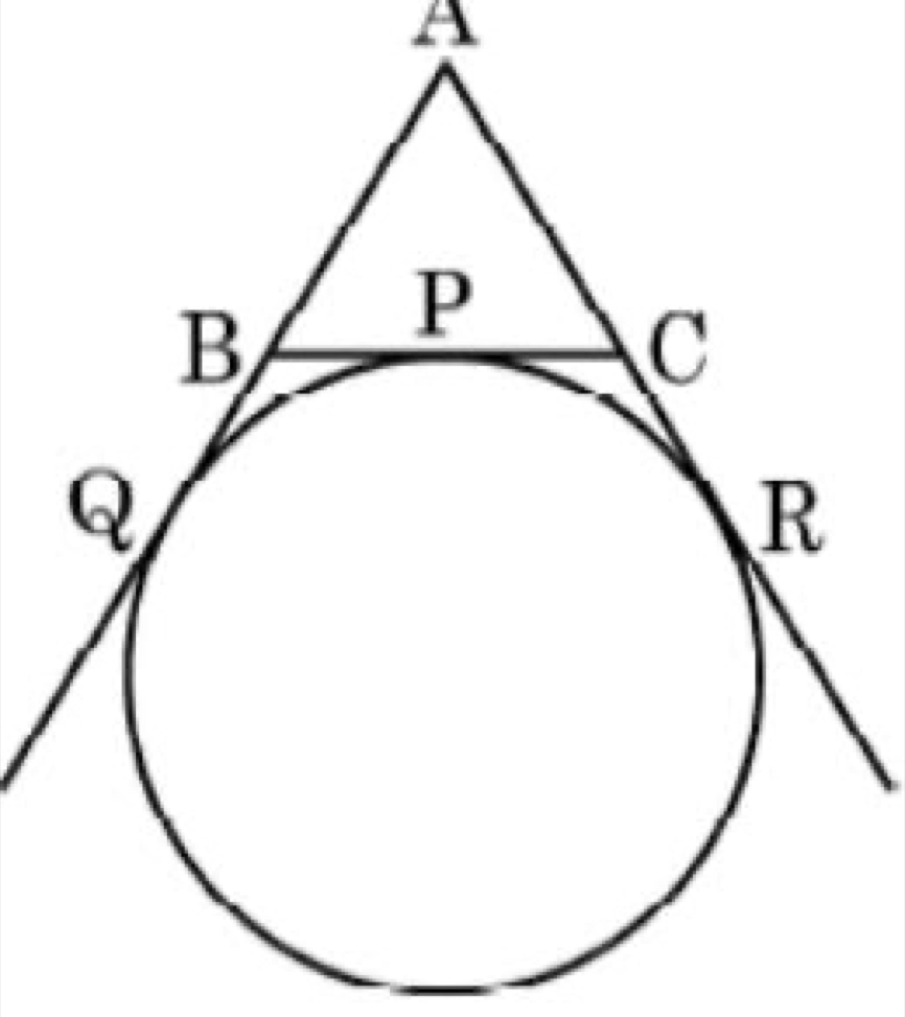 Triangle ABC with circle touching BC at P and sides produced at Q and R