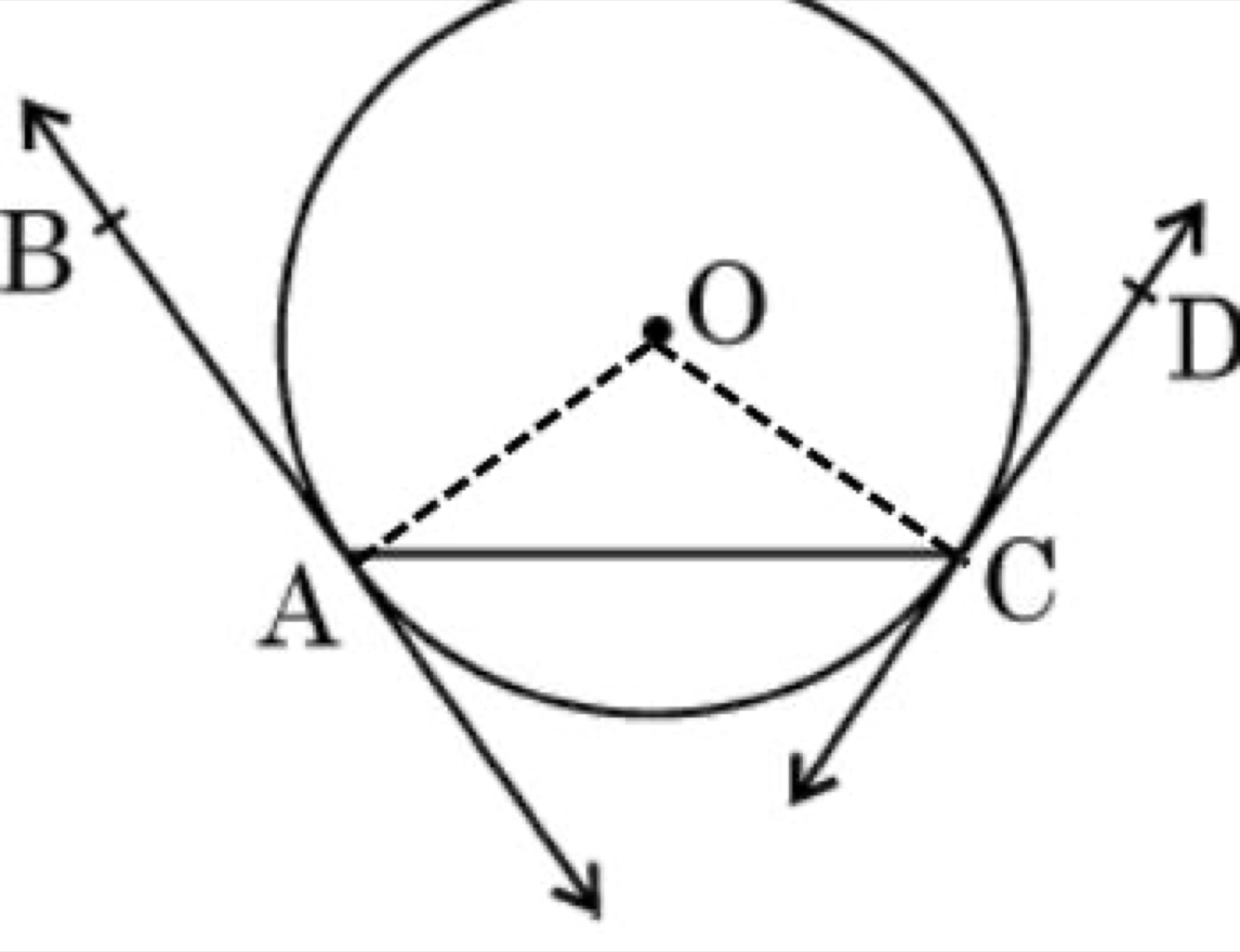 Circle with radii OA and OC drawn, showing equal angles
