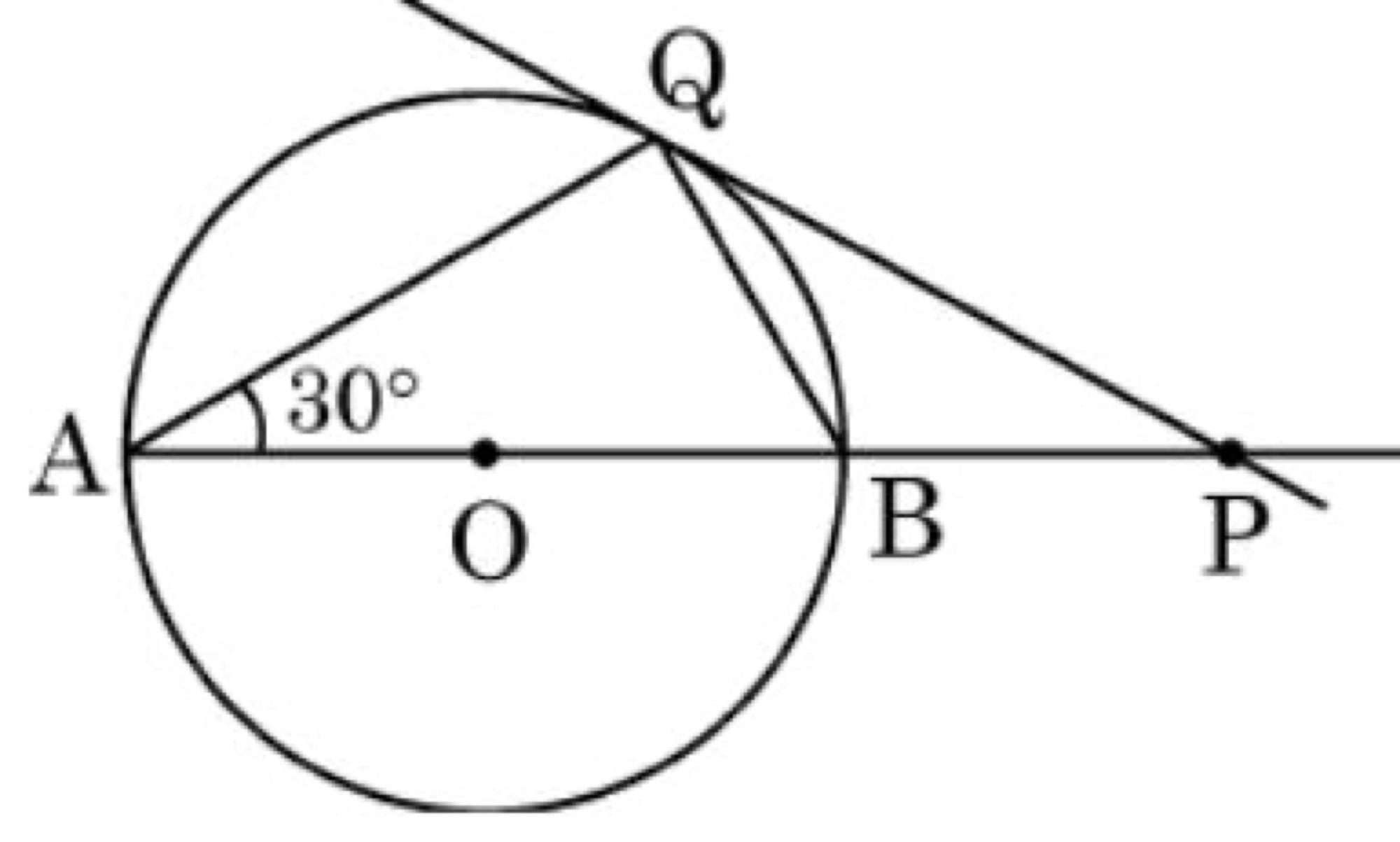 Circle with tangent PQ and angle BAQ = 30 degrees