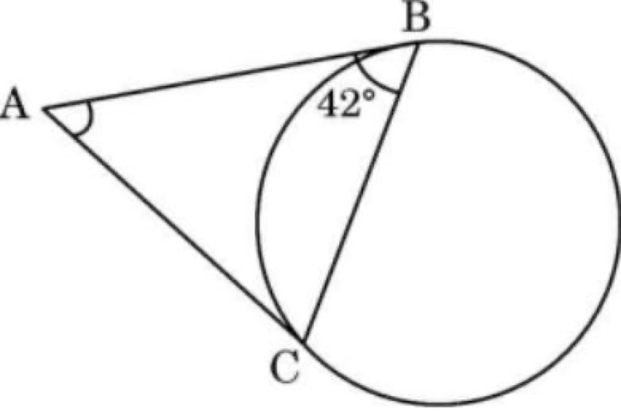 Circle with tangents AB and AC, angle ABC = 42 degrees