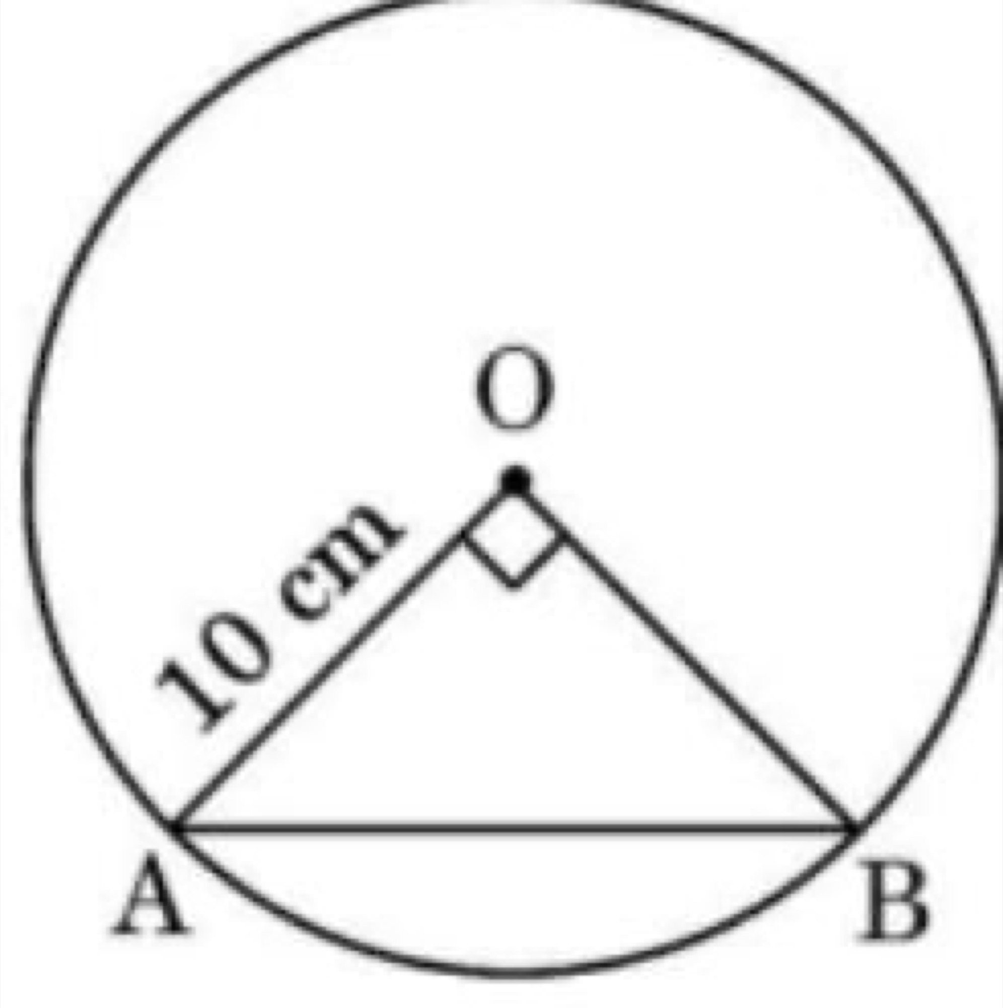 Circle with chord AB subtending right angle at centre O