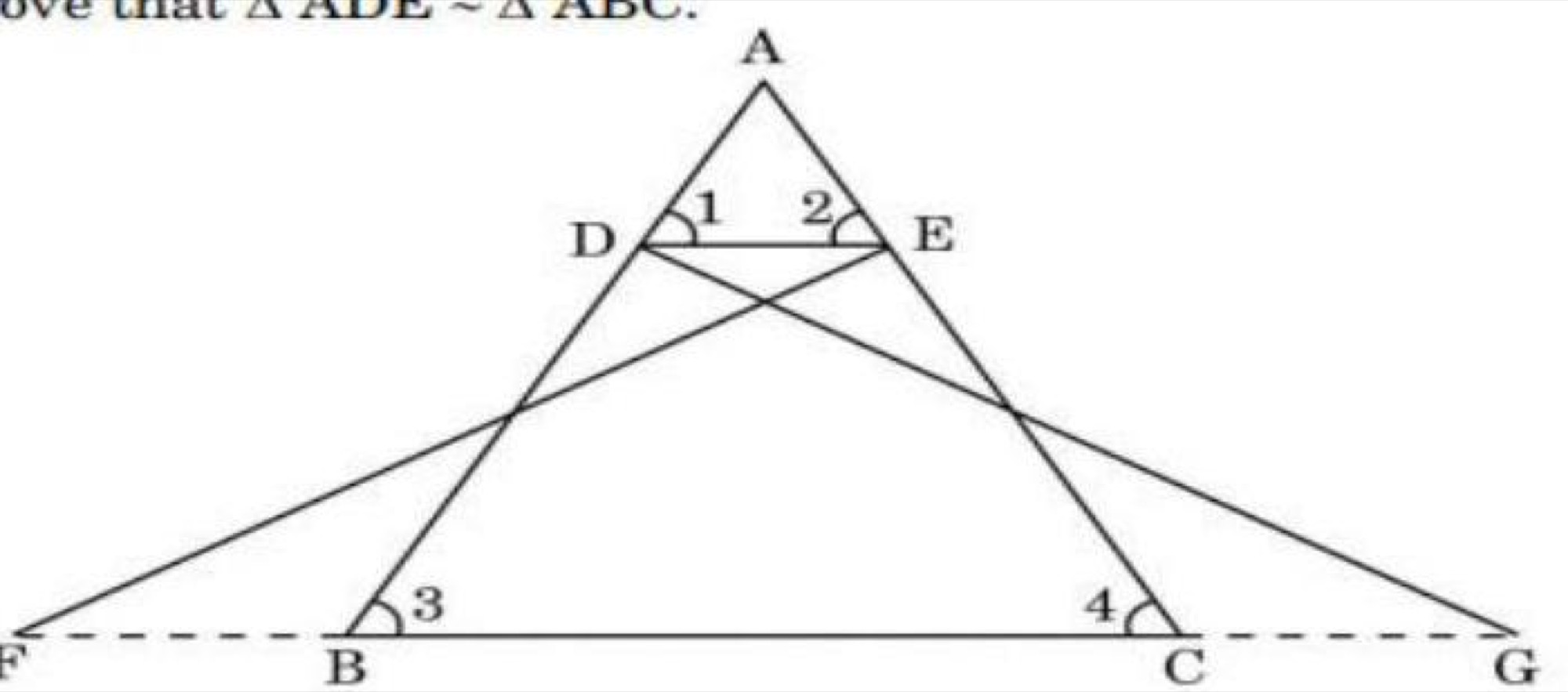Triangle ABC with points D, E on sides, angles 1, 2, 3, 4 marked