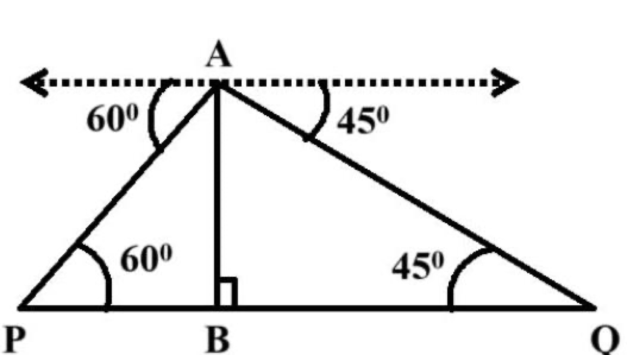 Lighthouse AB with ships at P and Q, angles of depression 60° and 45°