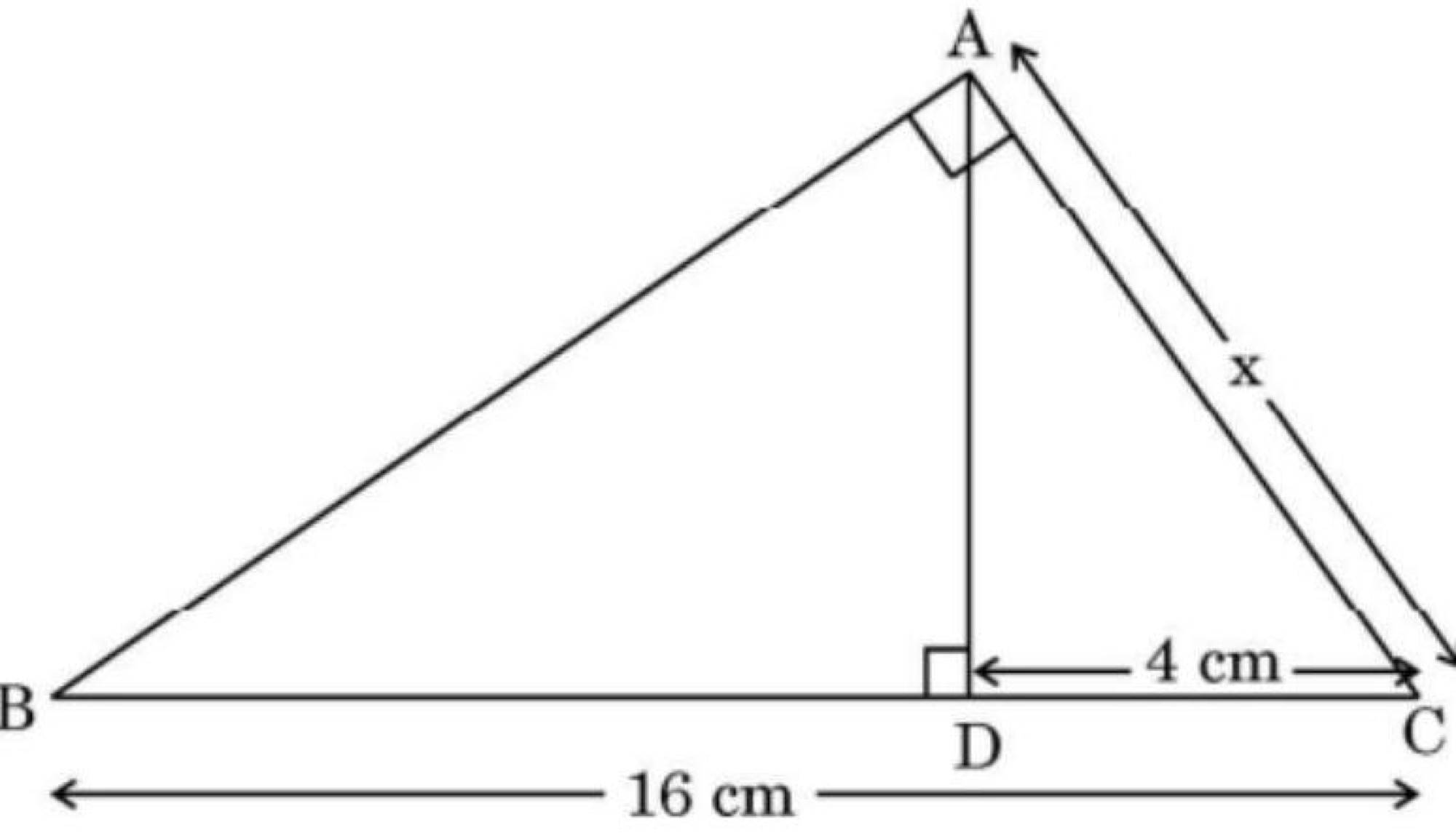 Triangle ABC with AD perpendicular to BC, BC = 16 cm, DC = 4 cm