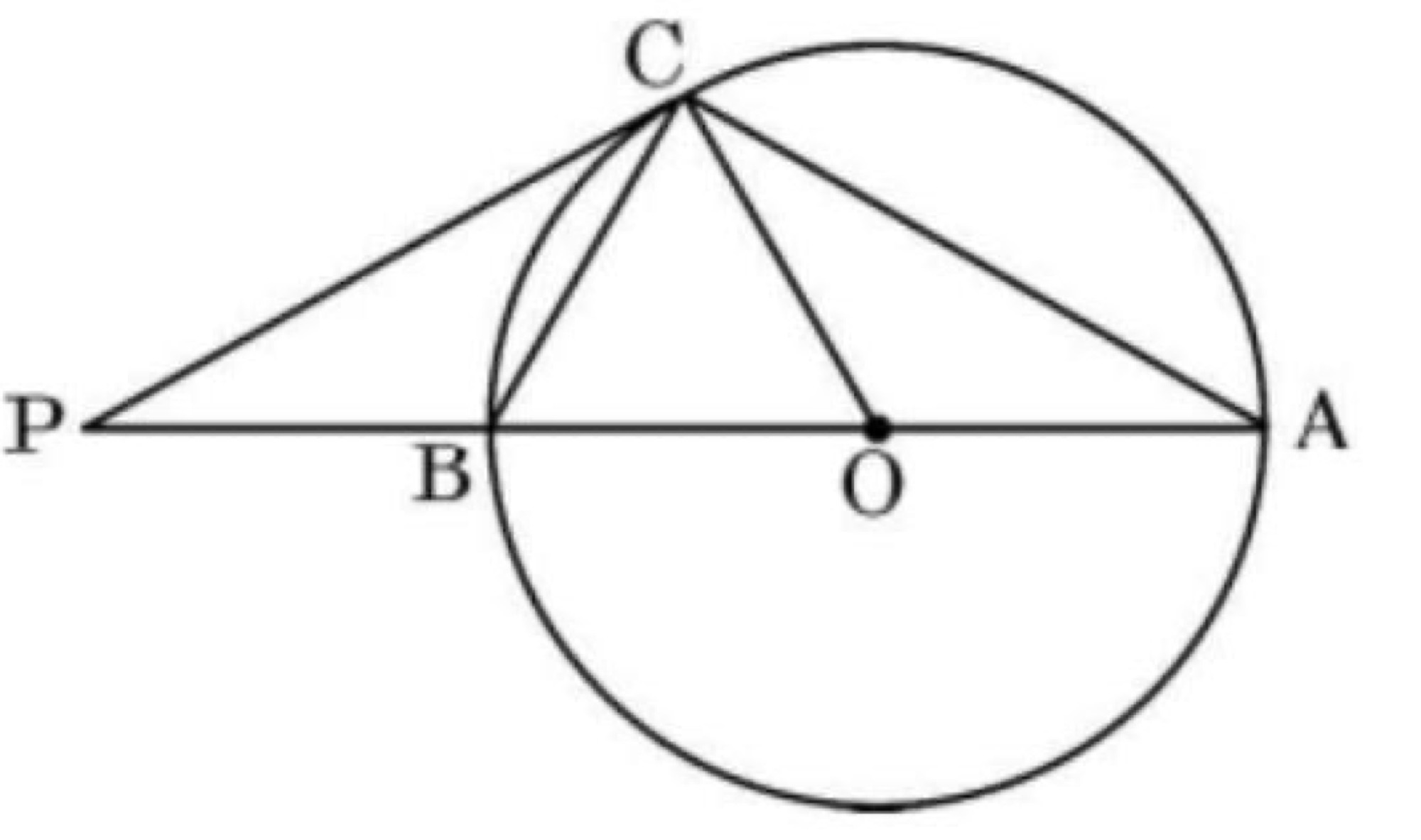 Circle with tangent PC at C, diameter AOB extended to P