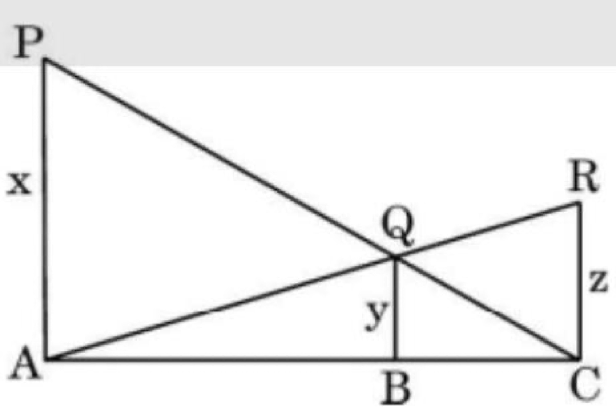 PA, QB, RC perpendicular to AC with intersection point Q on AC