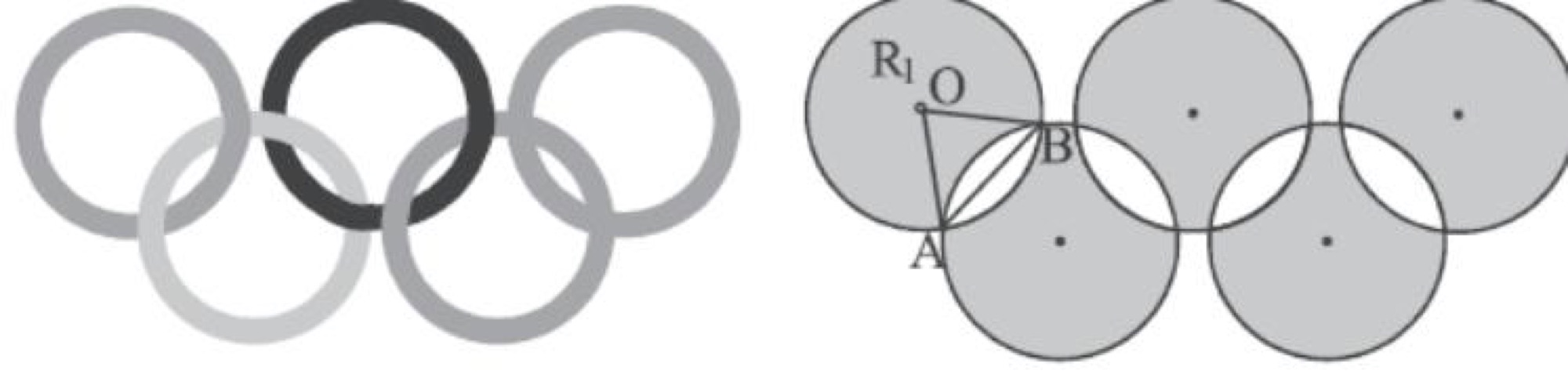 Olympic rings with geometry diagram showing equilateral triangle OAB