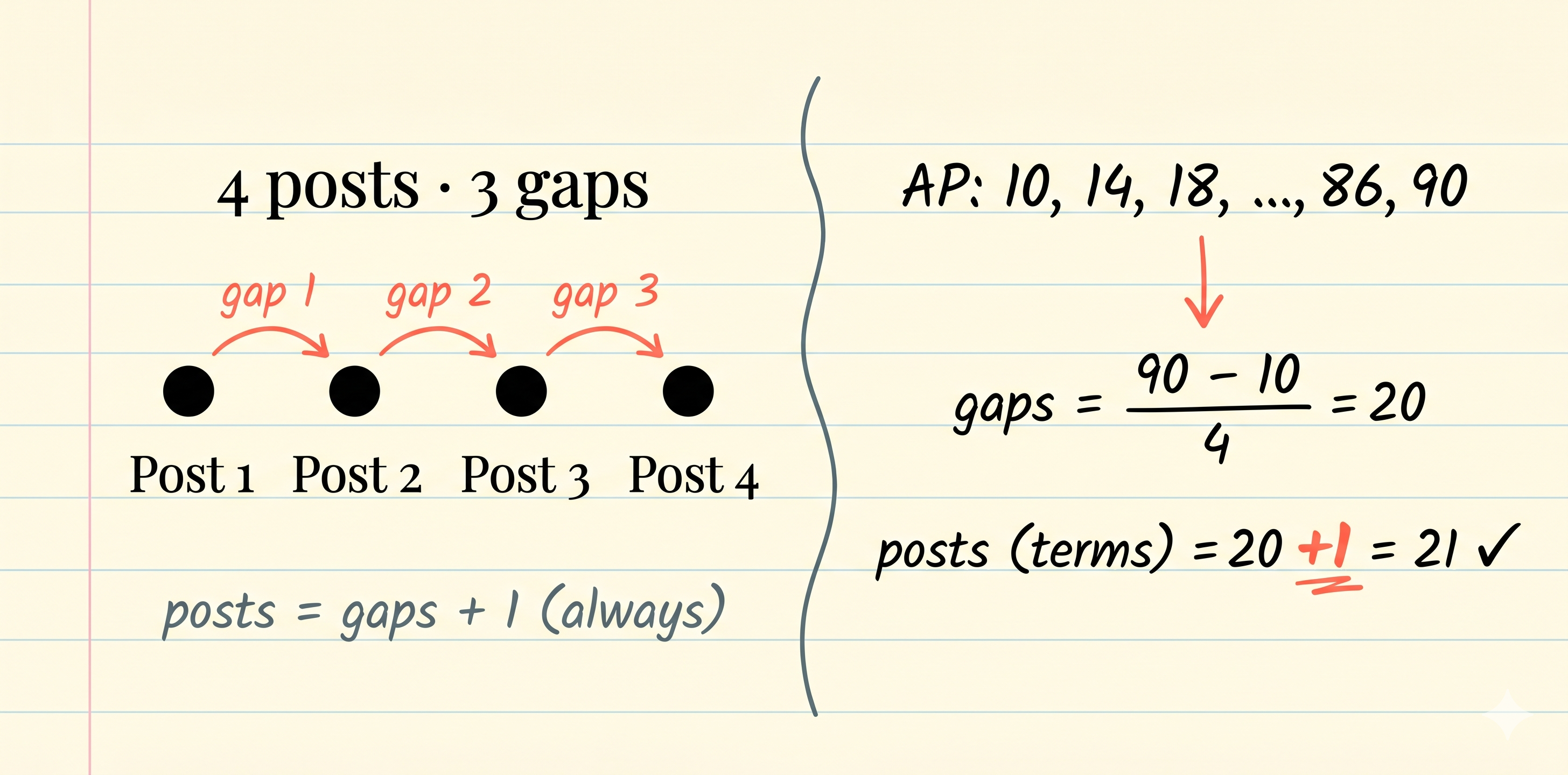 Hand-drawn diagram showing four black dots labeled Post 1 to Post 4 with three coral-red arc-arrows labeled gap 1, gap 2, gap 3 between them. The header reads '4 posts · 3 gaps' and the caption below states 'posts = gaps + 1 (always)'. The right half shows the AP 10, 14, 18, ..., 86, 90 with gaps = (90 − 10) / 4 = 20 and posts (terms) = 20 + 1 = 21.