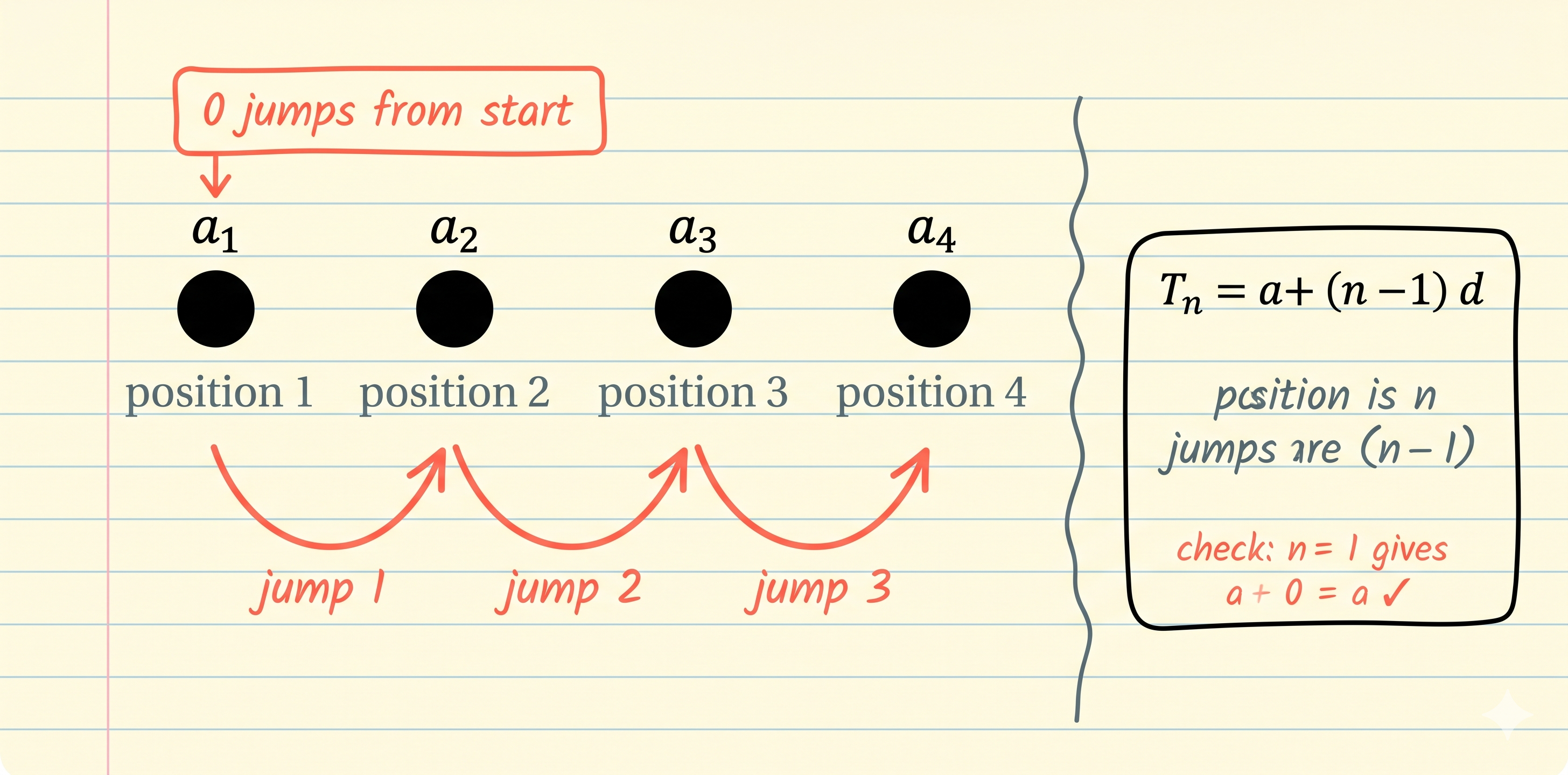 Hand-drawn diagram with four dots labeled a₁, a₂, a₃, a₄ at positions 1, 2, 3, 4. Three coral-red arc-arrows below show jump 1, jump 2, jump 3 from a₁ to a₂, a₂ to a₃, and a₃ to a₄. A coral-red callout above a₁ reads '0 jumps from start'. The right side shows the formula Tₙ = a + (n − 1)d with the note 'position is n, jumps are (n − 1)' and the check 'n = 1 gives a + 0 = a ✓'.