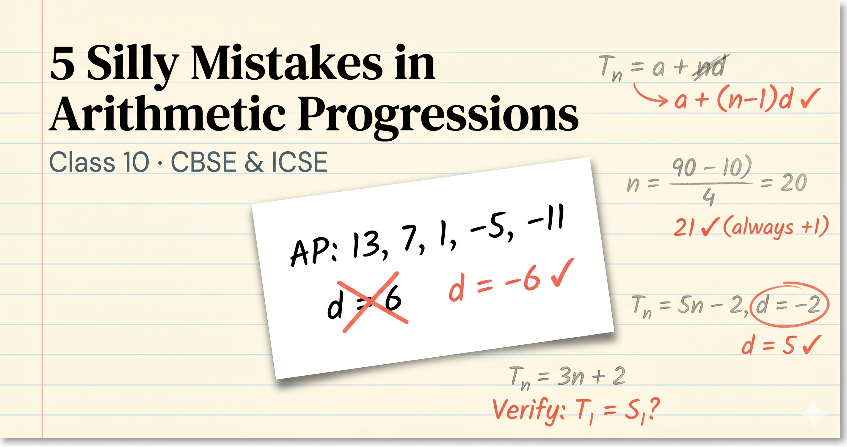 Hand-drawn notebook page with the headline '5 Silly Mistakes in Arithmetic Progressions, Class 10 CBSE & ICSE' next to a math card showing the AP 13, 7, 1, -5, -11 with d = 6 struck through and d = -6 corrected in coral red. Four other Class 10 AP mistake-fix pairs are written around the page in faded pencil and red ink.