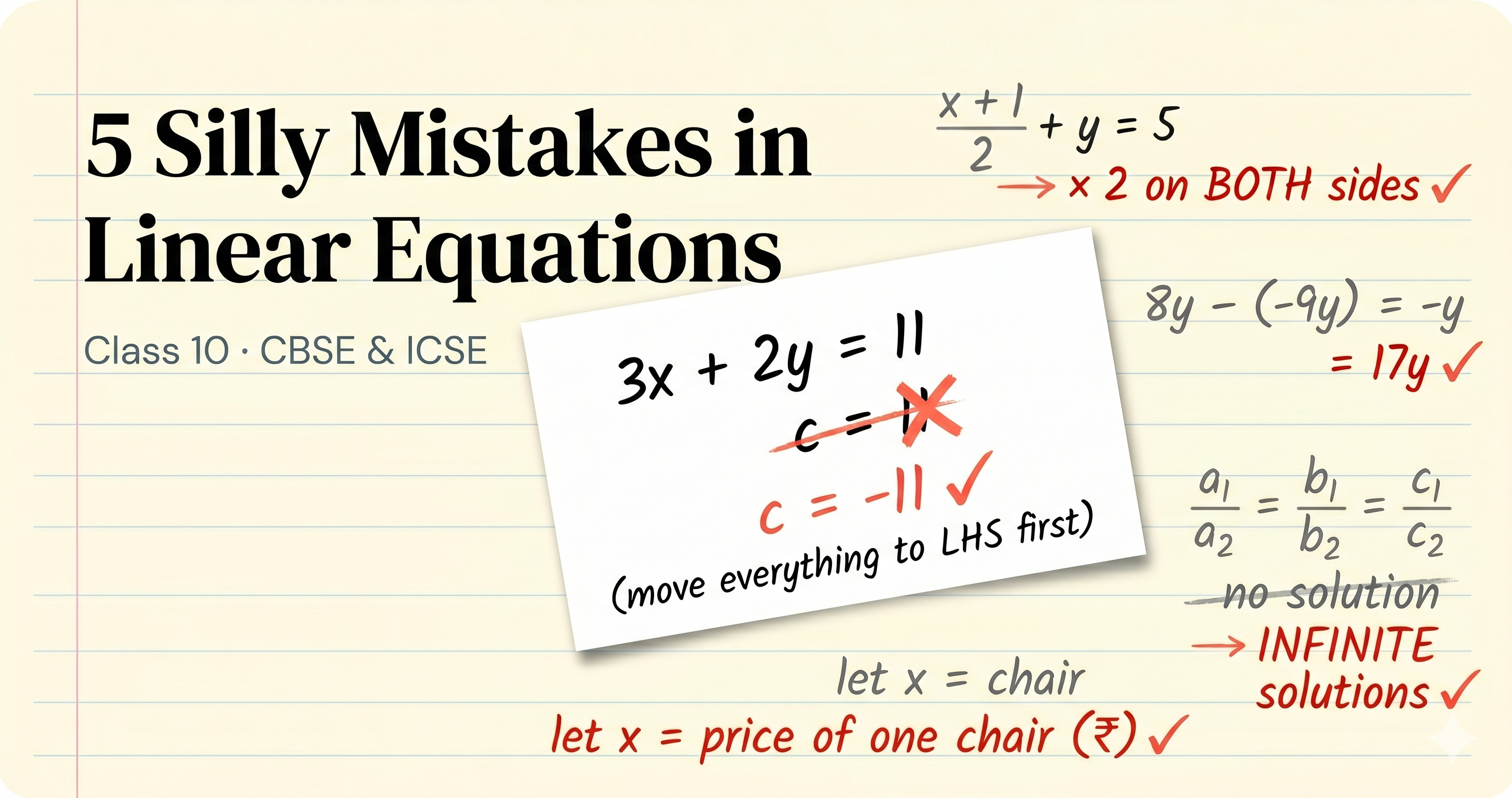 Hand-drawn notebook page with the headline '5 Silly Mistakes in Linear Equations, Class 10 CBSE & ICSE' next to a math card showing 3x + 2y = 11 with c = 11 struck through in coral red and c = −11 written above it after rearranging to 3x + 2y − 11 = 0. Four other Class 10 Linear Equations mistake-fix pairs are written around the page in faded pencil and red ink.