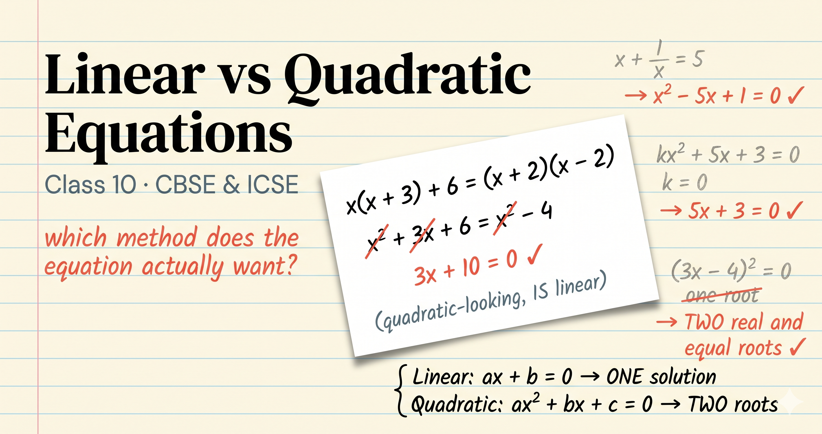 Hand-drawn notebook page with the headline 'Linear vs Quadratic Equations, Class 10 CBSE & ICSE' next to a math card showing the equation x(x+3) + 6 = (x+2)(x−2) with both x² terms struck through in coral red, leaving 3x + 10 = 0 underneath as the actual linear equation hiding in plain sight. Around the page, a small comparison table contrasts ax + b = 0 with ax² + bx + c = 0, and arrows mark the four boundary cases where the two chapters quietly swap.