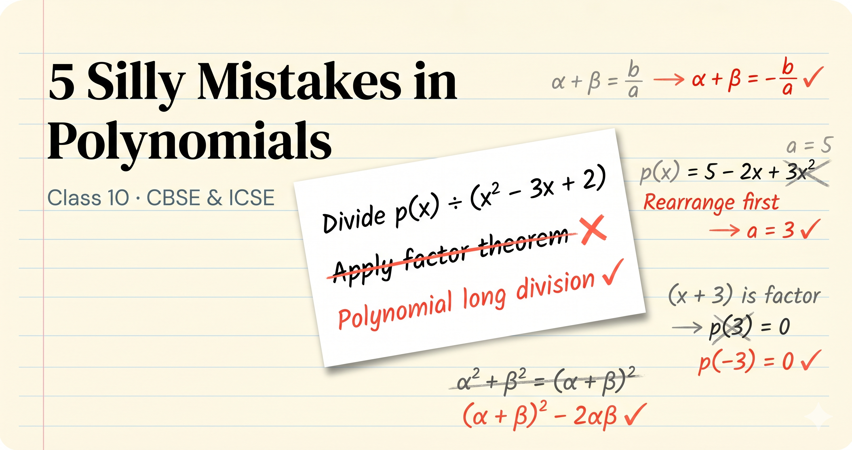 Hand-drawn notebook page with the headline '5 Silly Mistakes in Polynomials, Class 10 CBSE & ICSE' next to a math card showing factor theorem struck through in coral red and 'polynomial long division' written in its place above the divisor x² - 3x + 2. Four other Class 10 Polynomials mistake-fix pairs are written around the page in faded pencil and red ink.